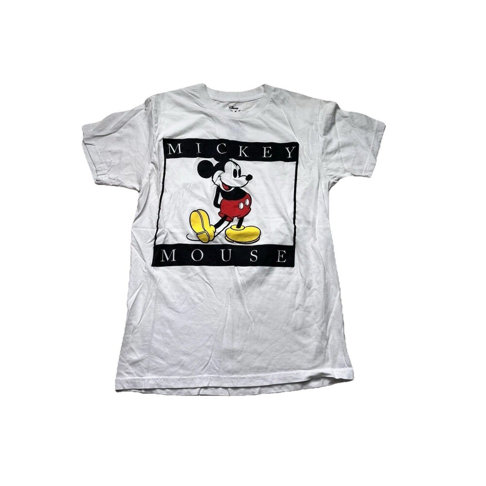 Disney Mickey Mouse T-Shirt Women's Small White Retro Graphic Box Logo Tee